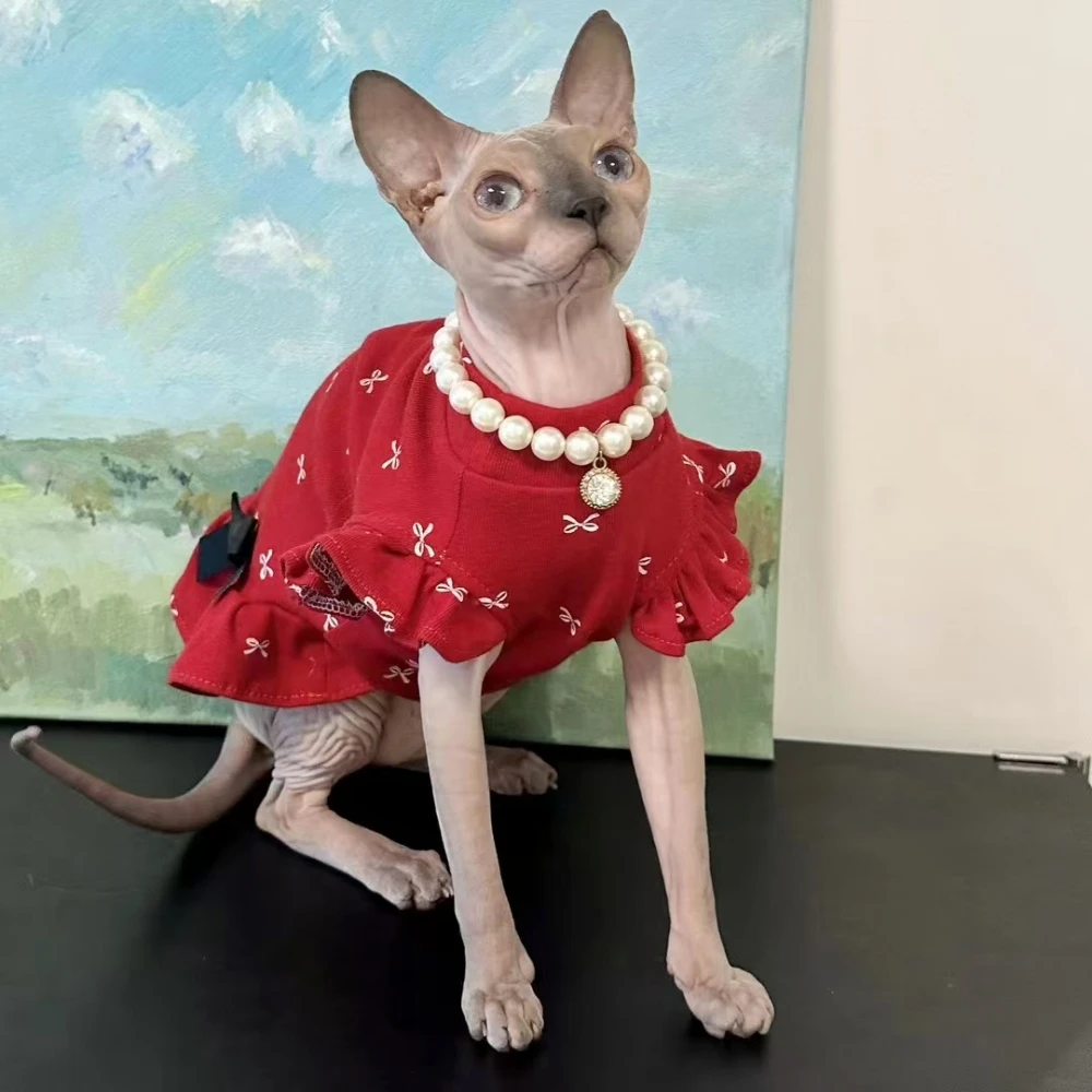 Sweet Flying Sleeves Dress for Sphynx Cat Spring Red Cotton T-shirt with Bow for Kittens Short Sleeves Loungewear for Devon Rex