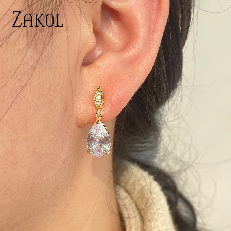 ZAKOL Nickle Free Fashion Water Drop Zircon Dangle Earrings for Women Simple Crystal Bridal Wedding Jewelry Wholesale EP2040