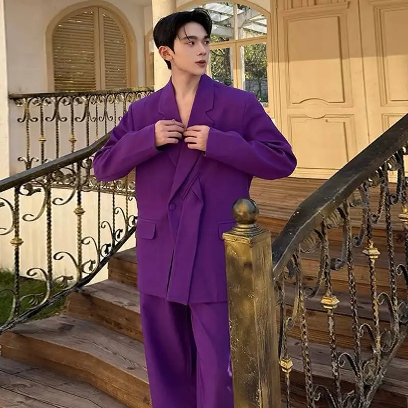 French Romantic Purple Men's Suit Set Chic Casual Niche Design Blazer Coat And Trendy Wide Leg Pants Two Pieces Set 9XC021 view 4