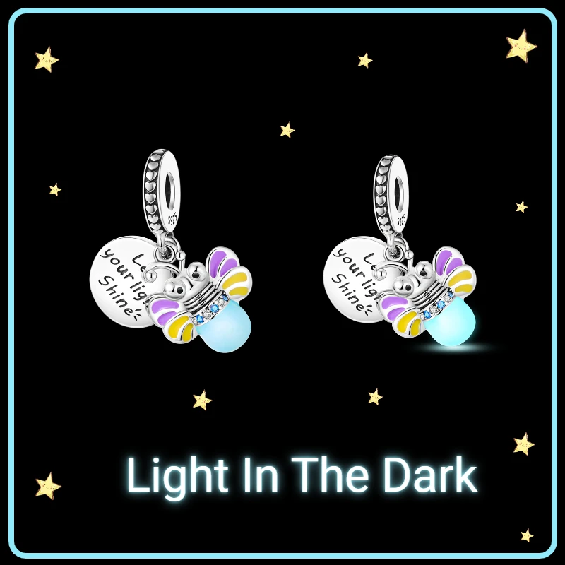 Glow in the dark Firefly Dangle 925 Sterling Silver Charms Fit For Pandora Bracelet Butterfly Star Moon Hot Sell Luminous Charms