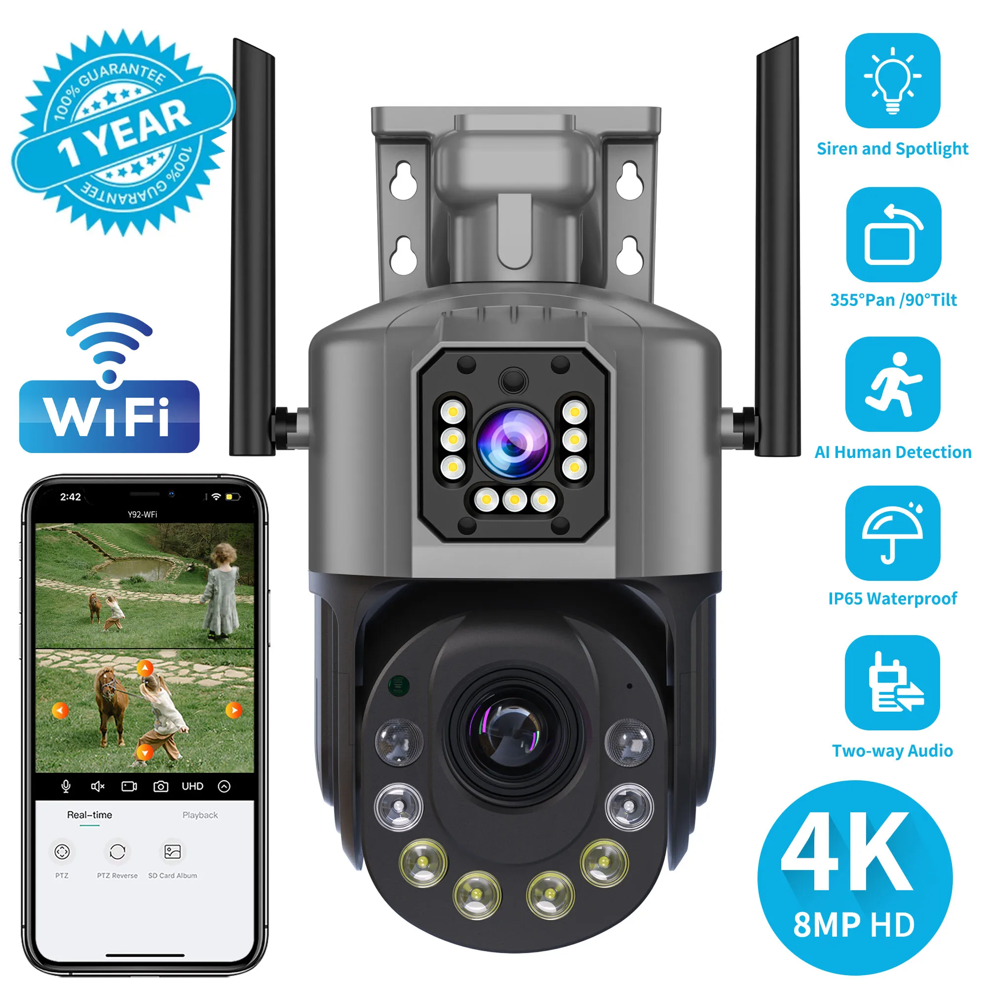 

8MP Dual Lens PTZ WIFI Security Camera, Support 36X Optical Zoom Human Detection 60m Color Night Vision Two-Way Audio IP65