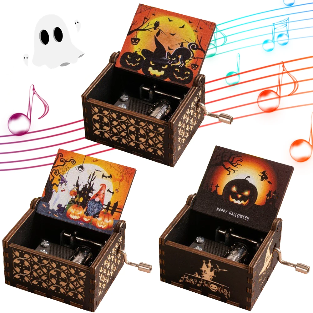 Halloween Eve Wooden Retro Carved Music Box Fright Night Musical Box Engraving Nightmare Musical Box for Halloween Party