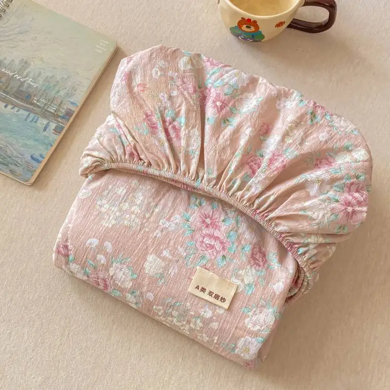 Soft Floral Fitted Bed Sheet Double-layer Yarn Technique Elastic Edges Deep Pocket Sheet Full Coverage for Queen King Size Bed 6