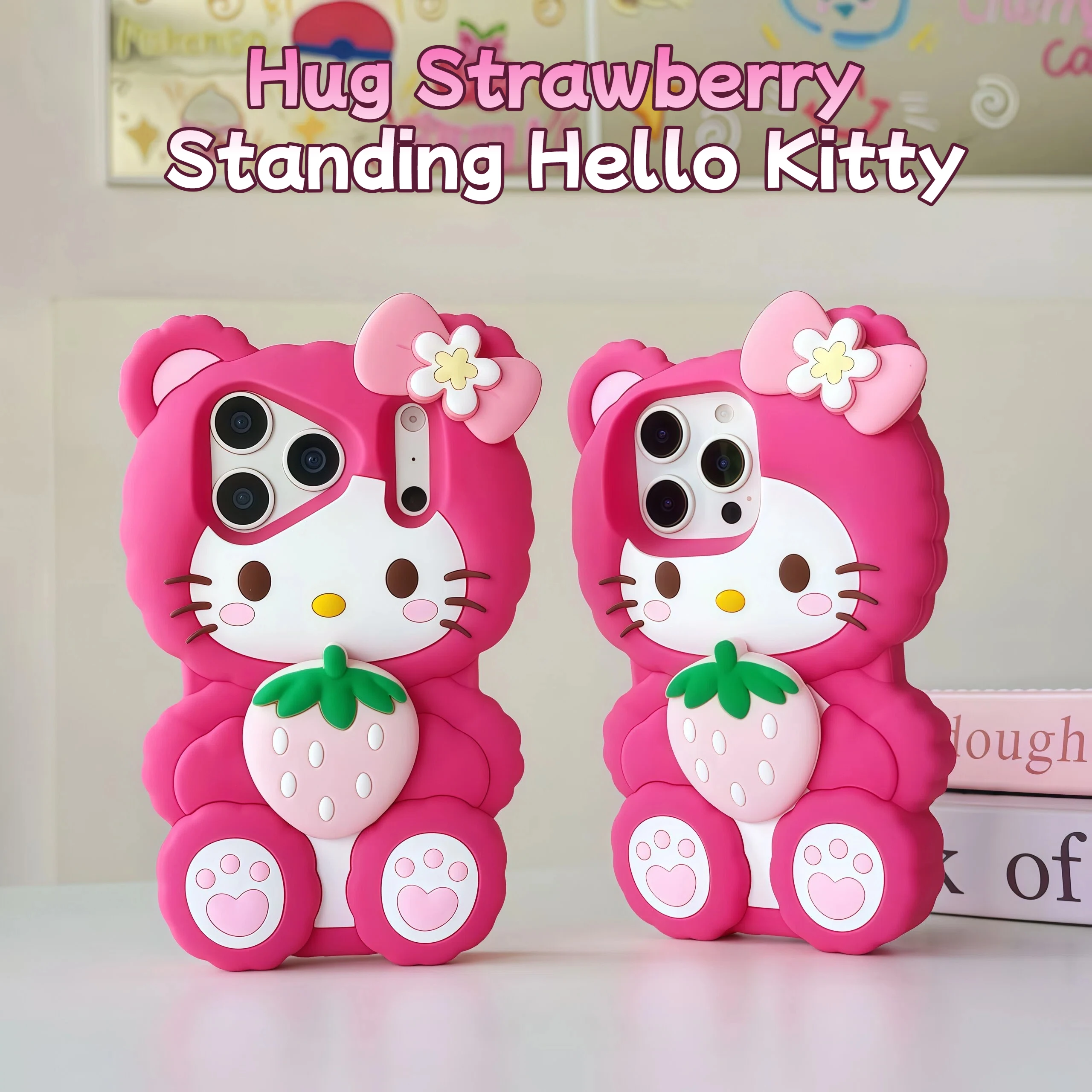 Cute 3D Hug Strawberry Hello Kitty Case For iPhone 15 14 13 16 17 Pro Max 16 Plus Standable Soft Silicone Shockproof Phone Cover