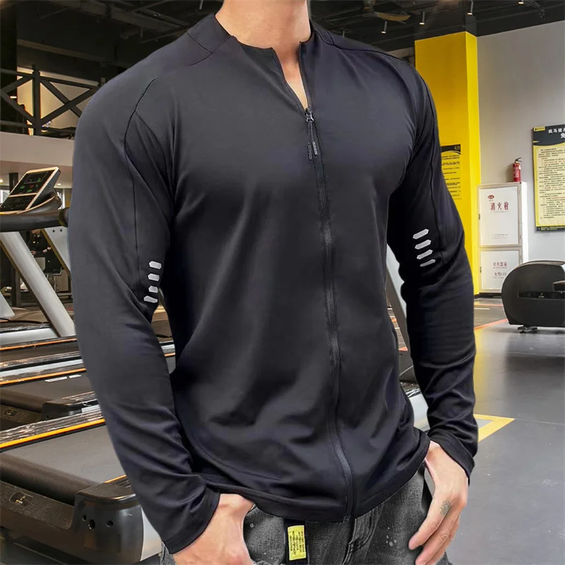 2024 Muscle Fitness Sleeve Men\'s Fashion Basketball Casual Training Clothes  Loose Half Sleeve Sports Zipper Long Sleeve T-shirt