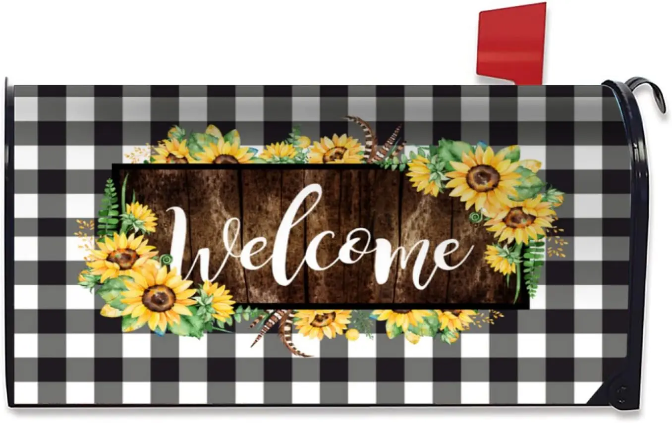 Buffalo Plaid Sunflower Wreath Mailbox Covers Magnetic Standard Size 21