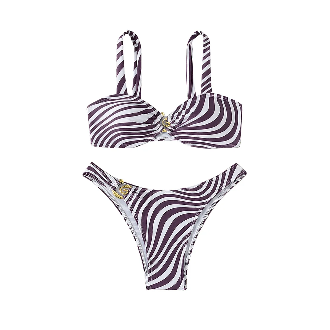S - XL Zweiteiliges Bikini-Set, gestreift, mit Metallringen, Damen-Badebekleidung, Badeanzug, brasilianischer Badeanzug, Badebekleidung, Modell V7558. – Detail 7