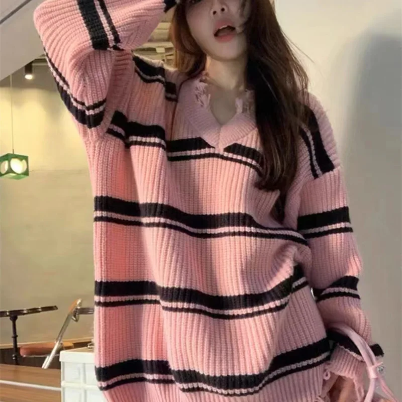 Autumn New Striped Fringe Sweater with Feminine Temperament, Loose Fitting Pullover Knit Sweater, Lazy Style Top for Women