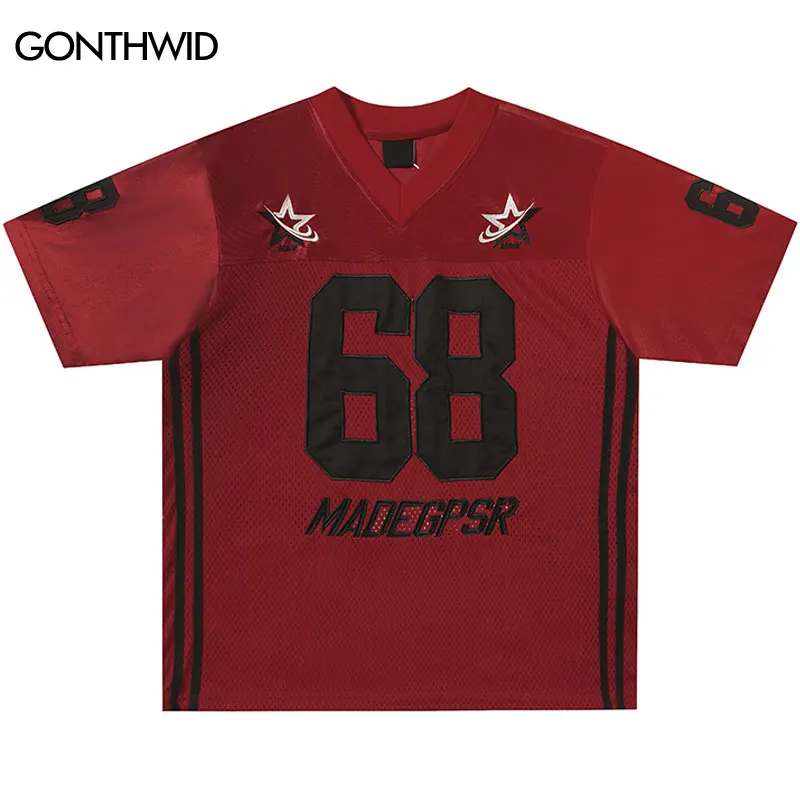 

Vintage Mesh Jersey T-Shirt Y2K Embroidered Patchwork Sports Breathable Tshirt Streetwear Hip Hop Casual Baggy Quick Drying Top