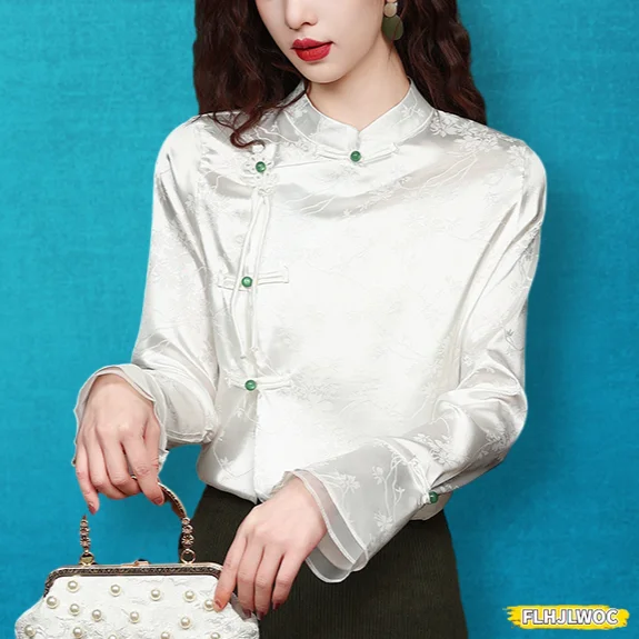 Hot Chinese Style Cheongsam Chi-pao Collar Design Button Tops 2024 Summer Women Date Girls Elegant Retro Shirt Blouse Vintage