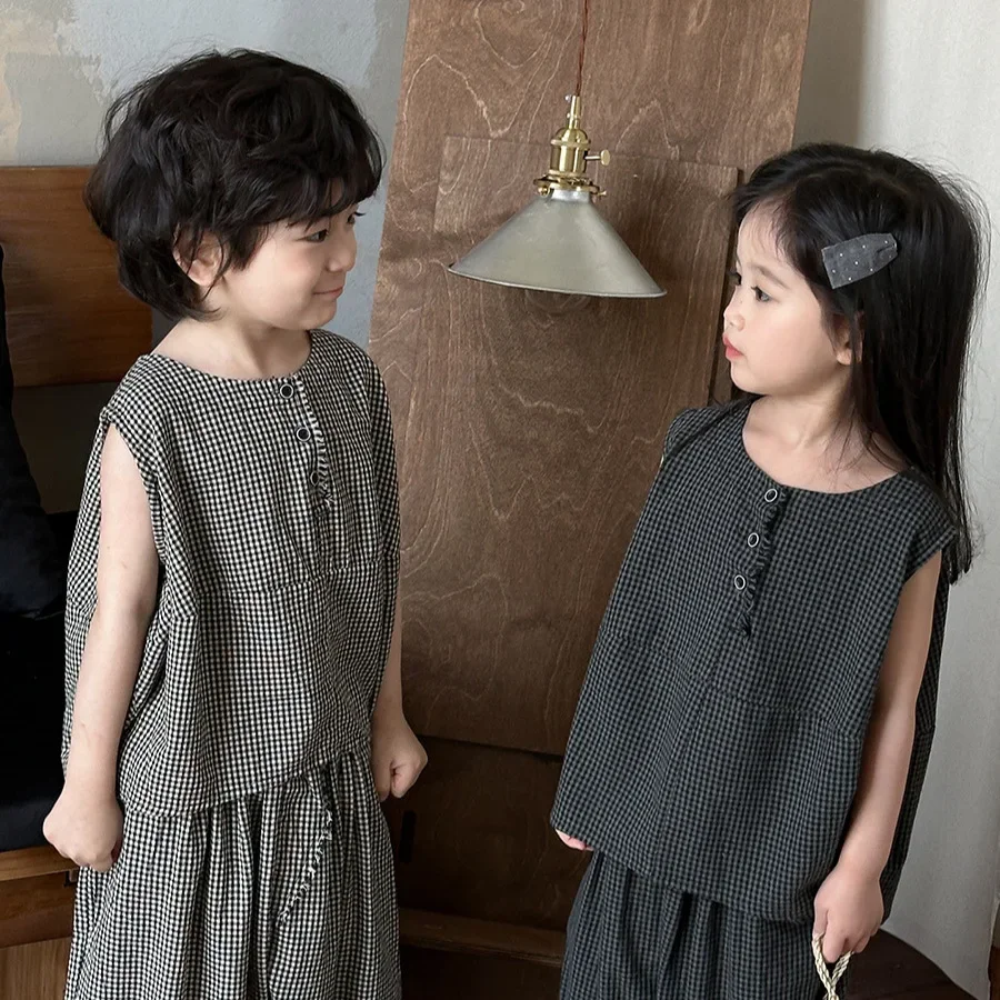 Suit 2026 Summer New Childrens Clothing Boys And Girls Plaid Sleeveless Vest Thin Knickers Two-piece Casual Simple Daily