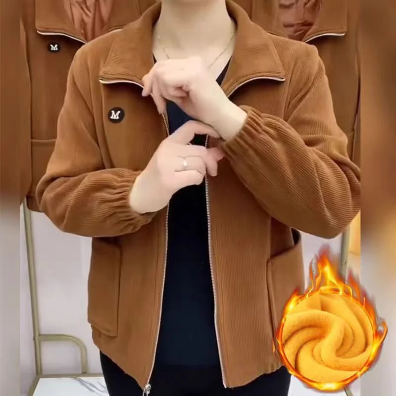 Autumn and Winter Corduroy Jacket for Women Plus Velvet Middle-aged and Elderly Top Loose Windproof Solid Color