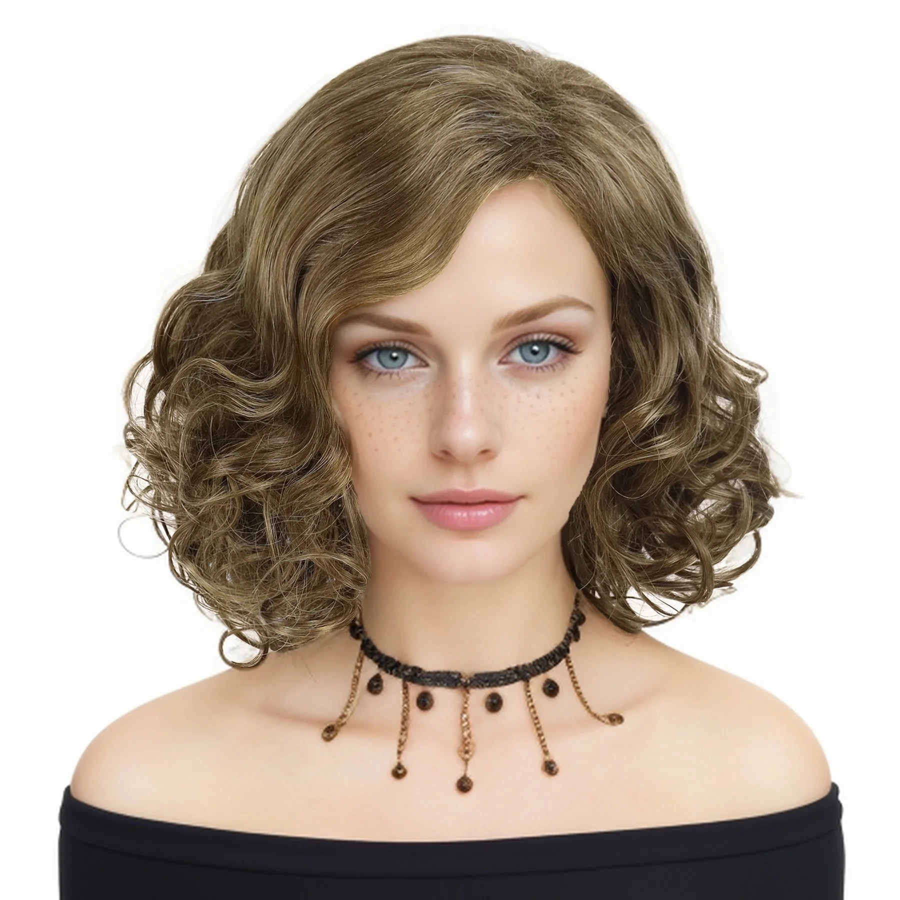 Synthetic Hair Mix Brown Wigs for White Women Medium Length Curly Wigs Natural Hairstyles Mommy Wig Old Lady Costume Shaggy Wigs