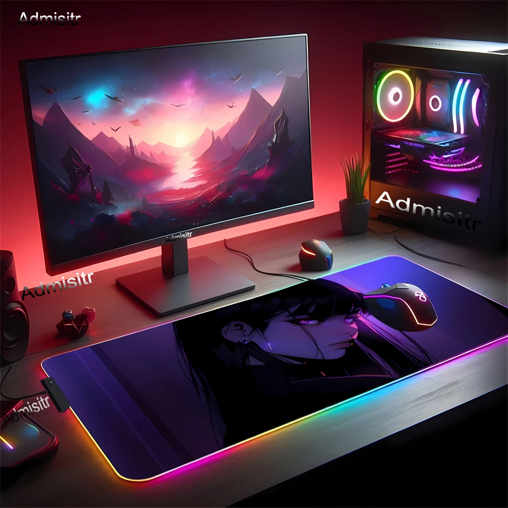 LED-Leucht-Mauspad, Laptop, Lila, Anime, süßes Mädchen, Tastaturteppich, RGB-PC, buntes Mauspad, große Kawaii-coole Schreibtischunterlage, 80 x 30 cm