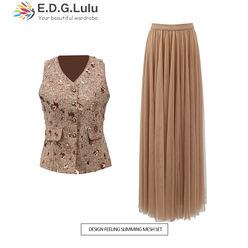 

EDGLuLu 2 Pieces Set For Woman Sleeveless Sequin Splicing Vest Top + Mesh High Waist Mesh Long Skirt Two Piece Set 0607