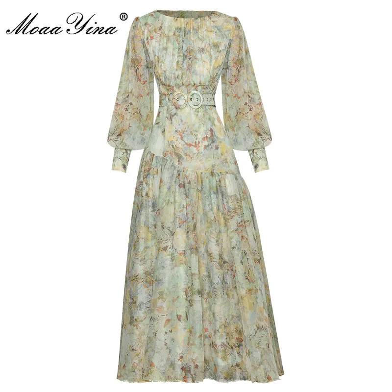 

MoaaYina Runway Designer Autumn Dress Women Lantern sleeve Sashes Flower Print Fashion Vintage Elegant Party Dresses