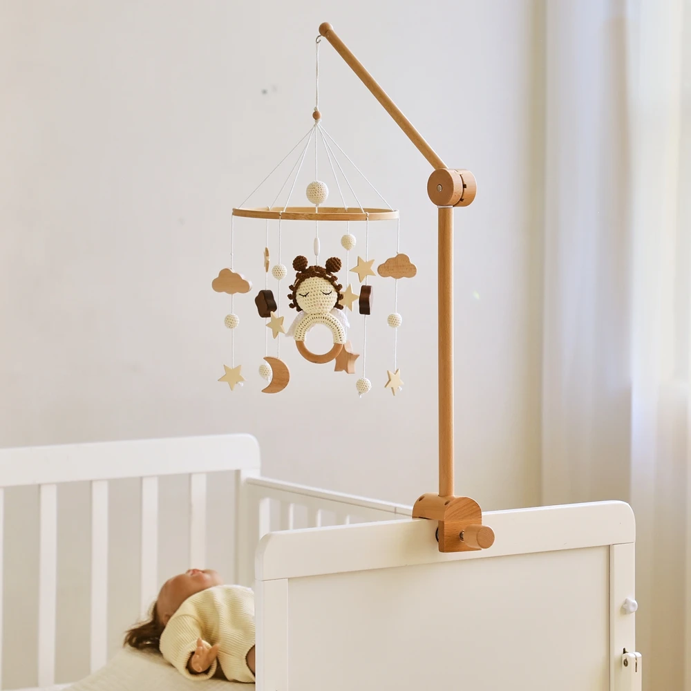 Wooden Crib Mobile Baby Bed Bell Rattle Toy Crochet Animal Rattle Mobile Hanging Newborn Music Box Bed Bell Hanging Bracket Toy