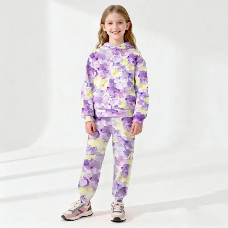 

Kids Floral Print Hoodie And Sweatpants Set Purple Yellow Casual Tracksuit for Girls 2026
