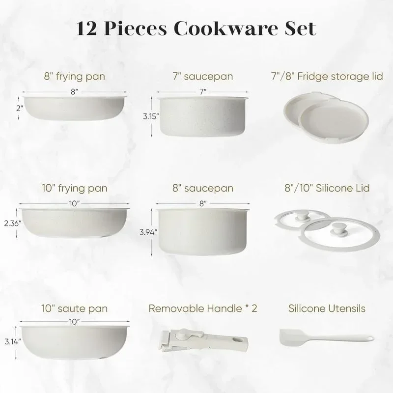 12 Pcs Pots and Pans Set Nonstick - Kitchen Cookware Set with Detachable Handle, Induction Cookware, Oven Safe