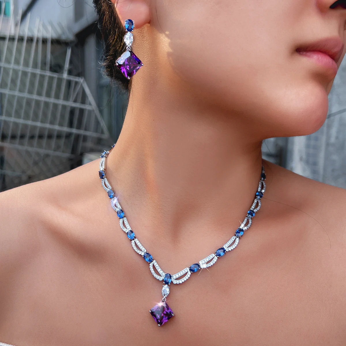 CWWZircons Luxury Blue Purple CZ Necklace Earrings Set Silver Plated Bridal Wedding Evening Banquet Formal Jewelry T1016