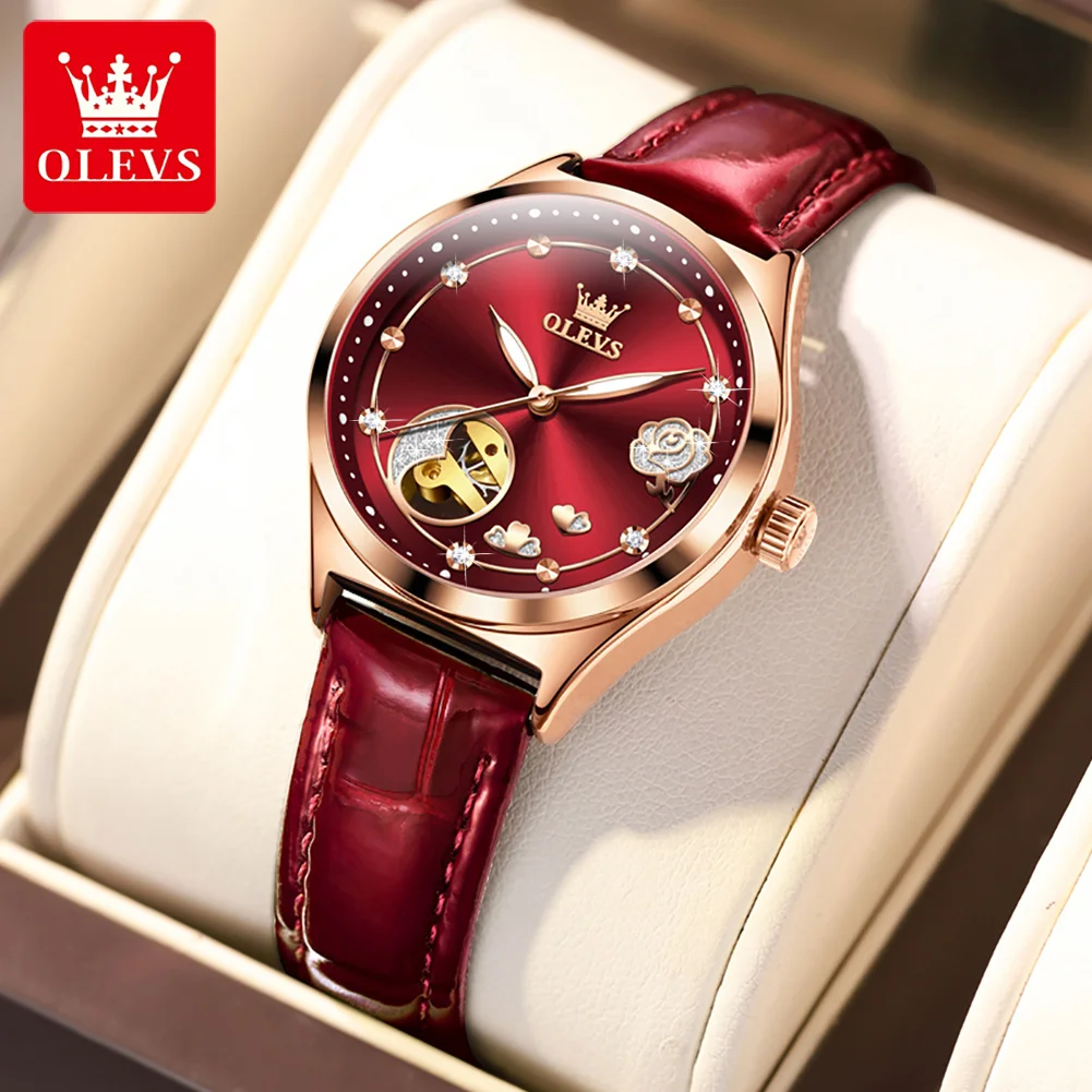 OLEVS Brand Luxury Mechanical Watch Women Leather Strap Waterproof Simple Fashion Gold Hollow Watches Ladies Relojes Para Mujer