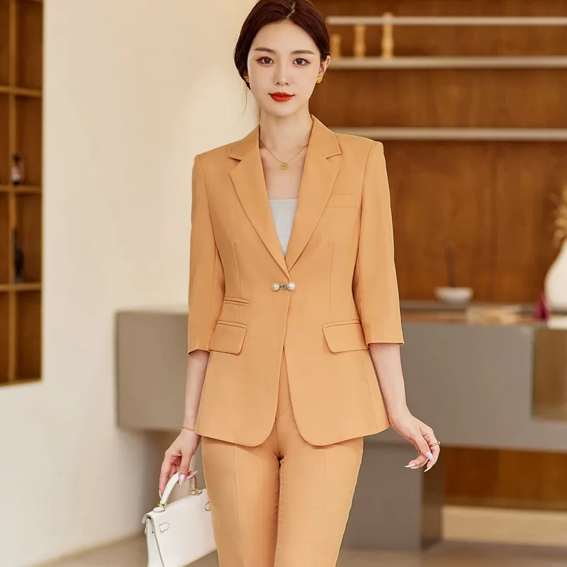 Yellow Suits Women Summer New Temperament Style Professional Casual Slim Blazer And Pants Two Piece Sets Office Ladies Work Wear