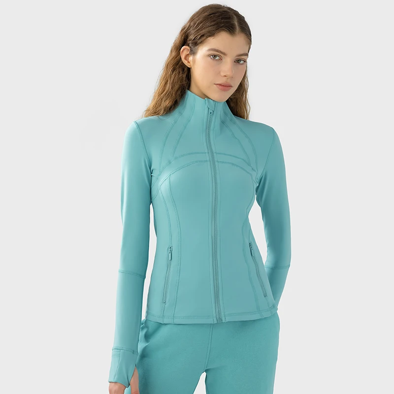 Women Sport Jacket with 4 Pockets Zipper Thumb Holes Flex Slim Daily Running Yoga Exercise Coats