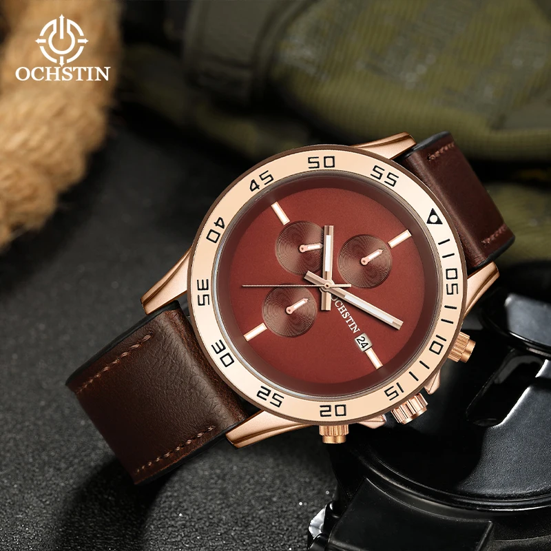 OCHSTIN Men's Luminous Hand Waterproof Leather Strap Multifunctional Quartz Movement Watches Man Pilot Series Classic Clock
