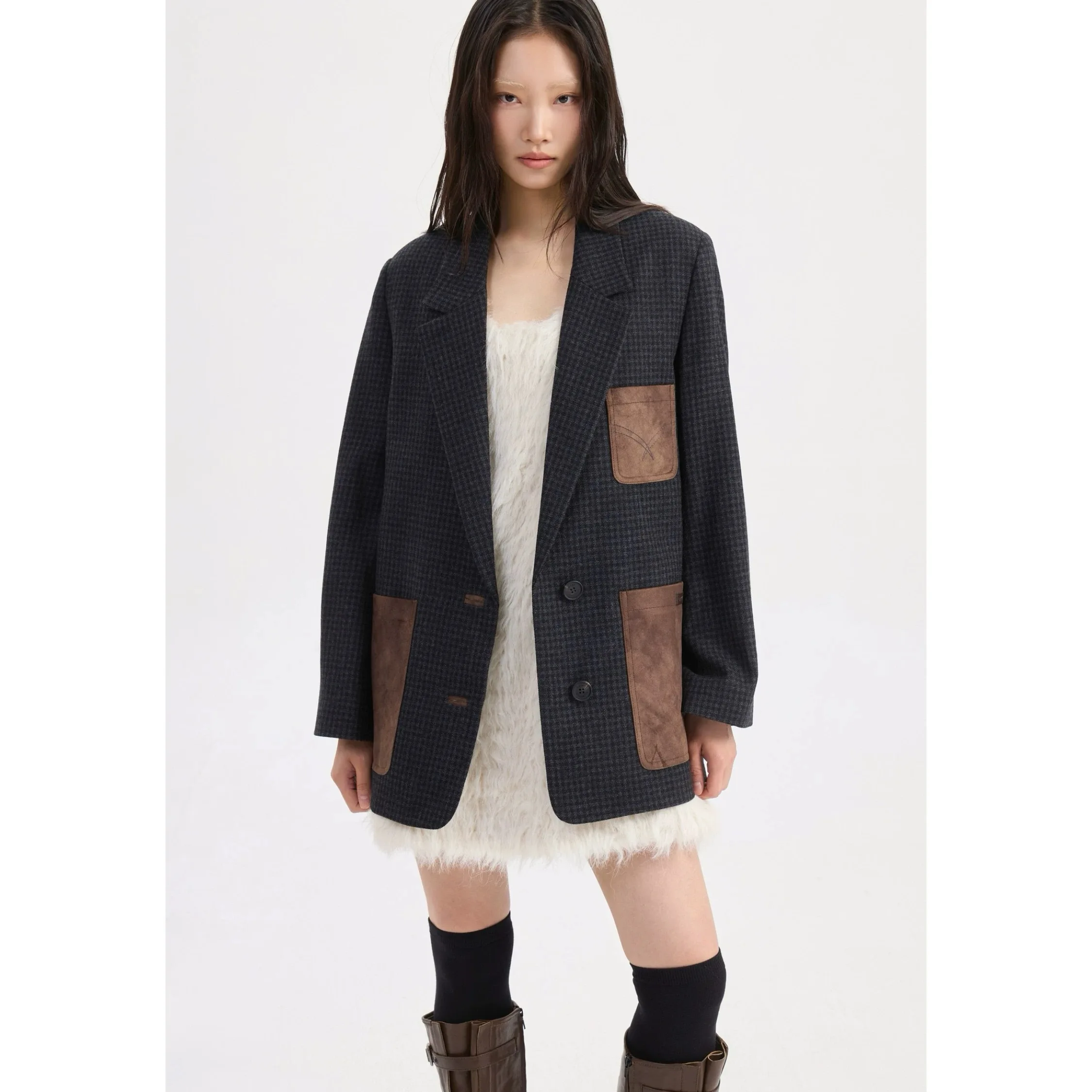 

Lemon Cheese LUC25 Зимний шерстяной костюм Thiened Jaet, клетчатое женское длинное пальто в клетку с лацканами большого размера