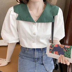 Sweet Contrast Short Shirt Tops Summer New Short Sleeve Solid Color Button Patchwork Blouse Fashion Temperament Women Clothing