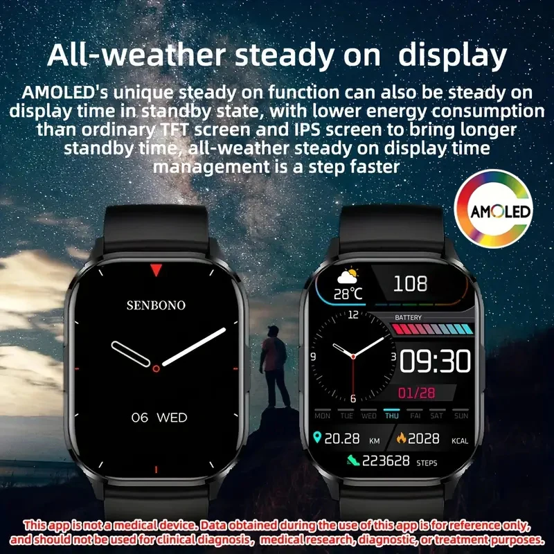 Smart Watch, AMOLED,Wireless Call/Dial, Multiple APP Alerts, Suitable for Men and Women, Custom Wallpaper