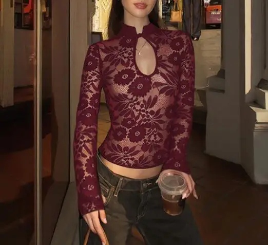 

Women's 2026 Winter New Style Fashionable Temperament Sexy Lace See Through Lace Long Sleeved Top Sexy Spicy Girl Elegant Top