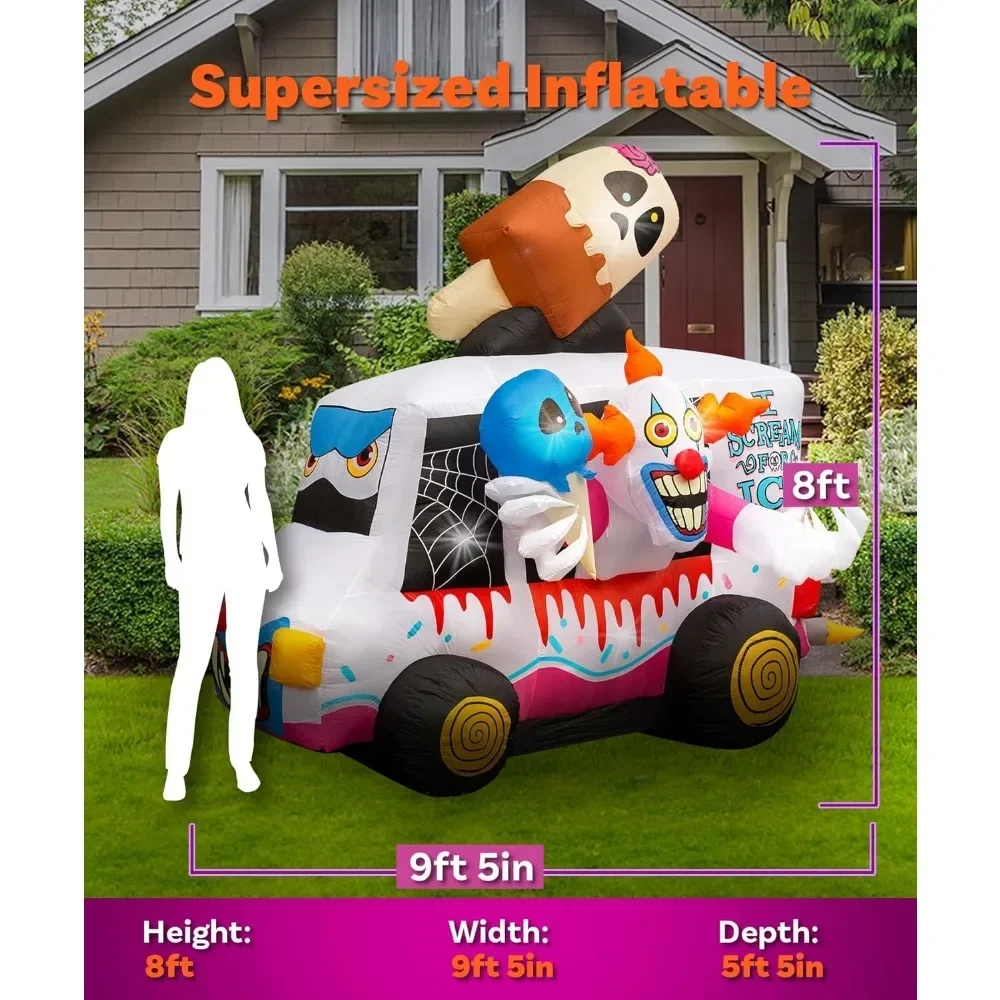 Halloween Inflatables 8ft Clown Ice Cream Truck. Large Halloween Inflatable Outdoor Decorations. Inflatable Halloween