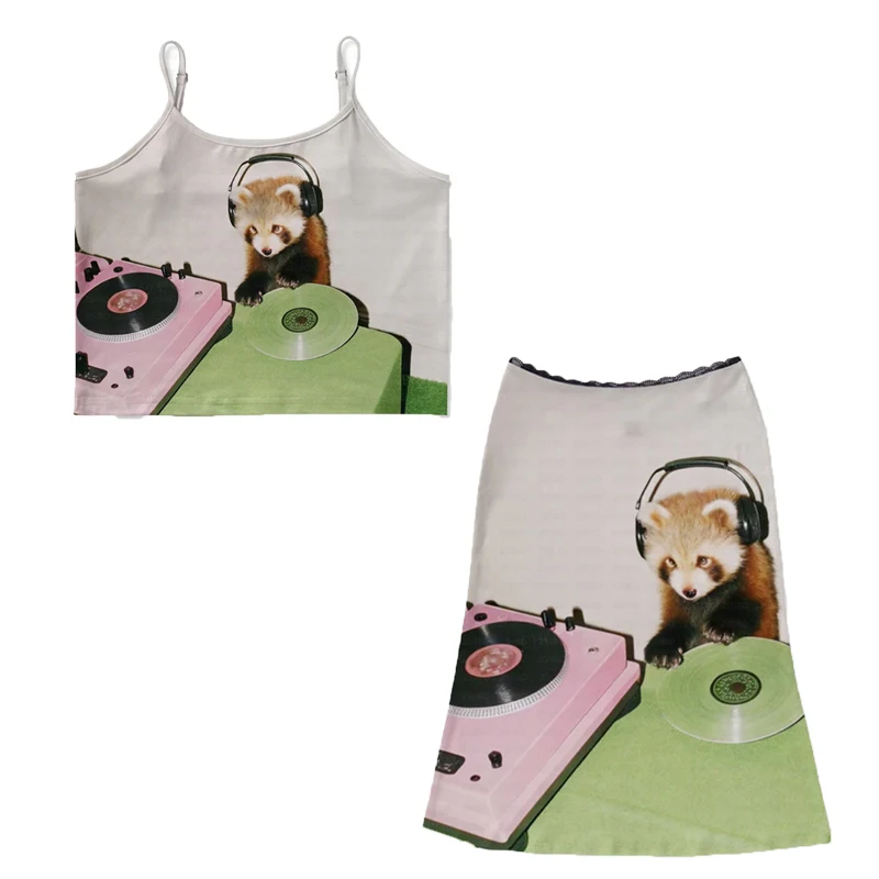 

Y2k Cutie raccoon print 2000s Retro Rock Fashion Harajuku Graphic fairycore Punk Vintage subculture Elegant slim fit short skirt