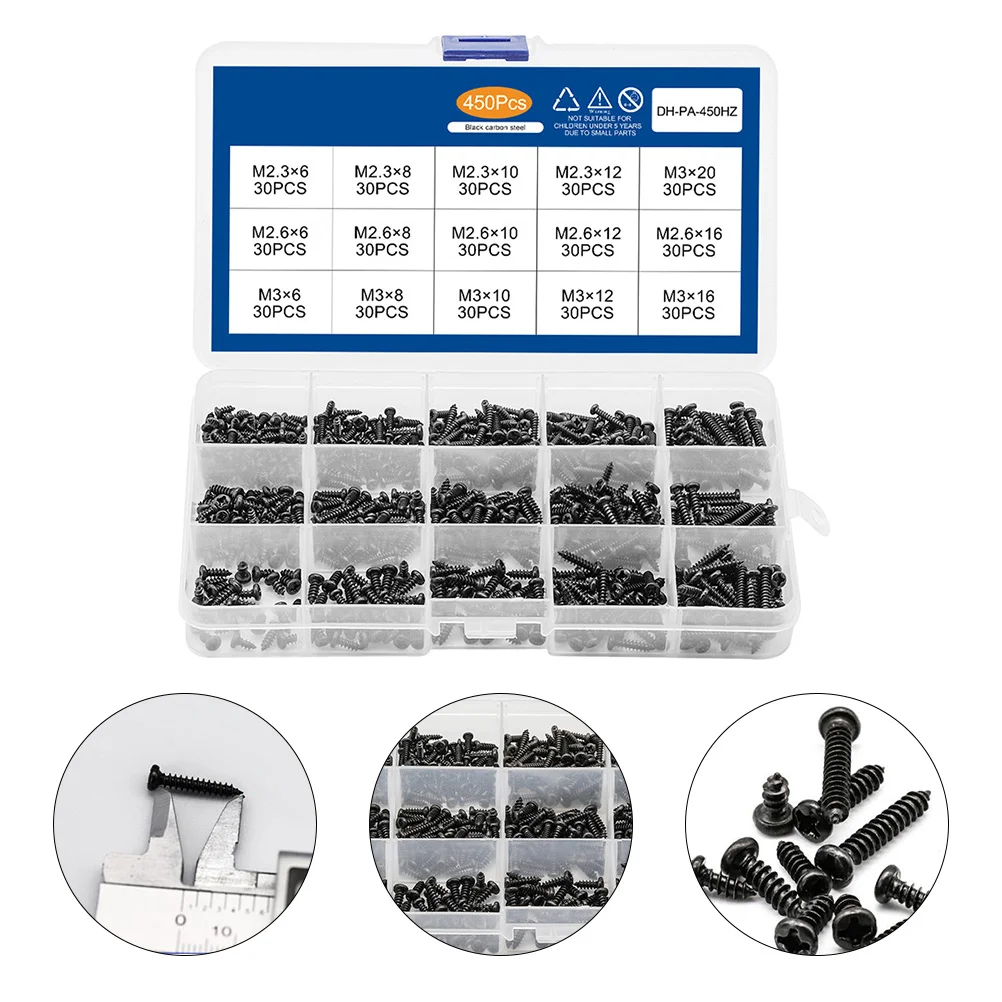 

450Pcs Self Tapping Cross Round Head Screws Black Carbon Steel Fixing Screws Set Durable Multi Function Repair