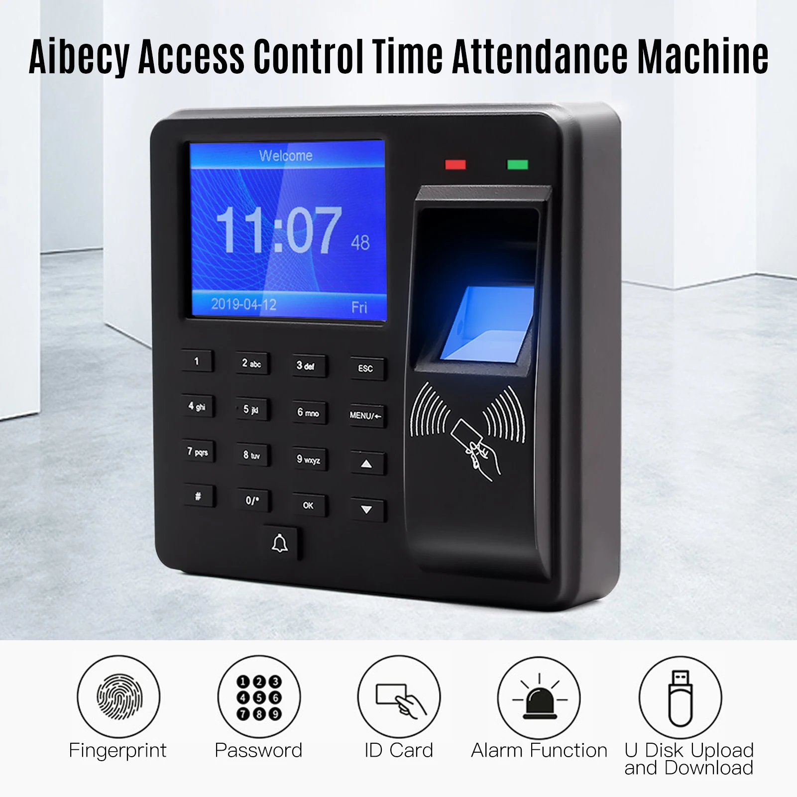 Access Control Time Attendance Machine Fingerprint/Password/ID Card Recognition Time Clock w/ 2.4 Inch Screen Employee Recorder