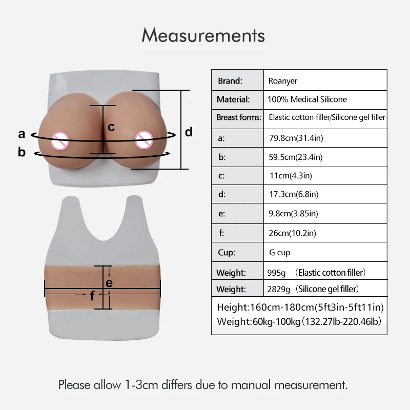 Roanyer Silicone Fake G Cup Breast Forms for Crossdresser Realistic Boobs Strapless Tits Drag Queen Costumes without Strap