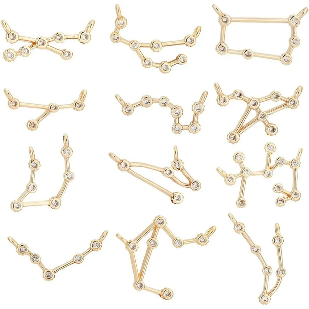 12pcs Golden 12 Constellations Links, 18K Gold Brass Sign Linking Charms Pendant Connectors Horoscope Sign Link for DIY