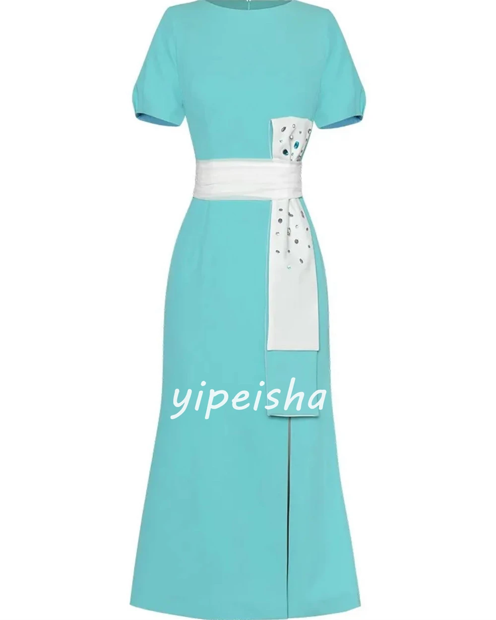 Jersey Bow Sash Graduation A-line O-Neck Bespoke Occasion Gown Midi Dresses