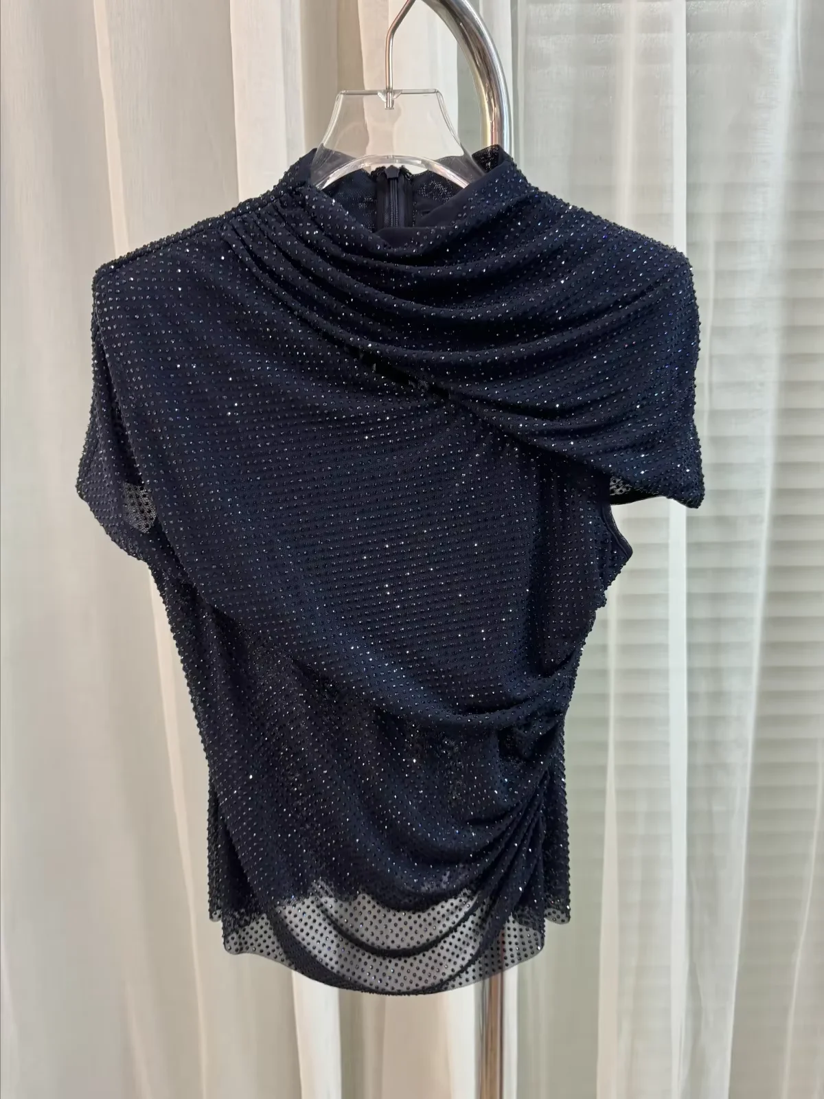2026 New Women's Rhinestone Top Asymmetric Stand Collar Short Sleeve Fashion Slim T-Shirt
