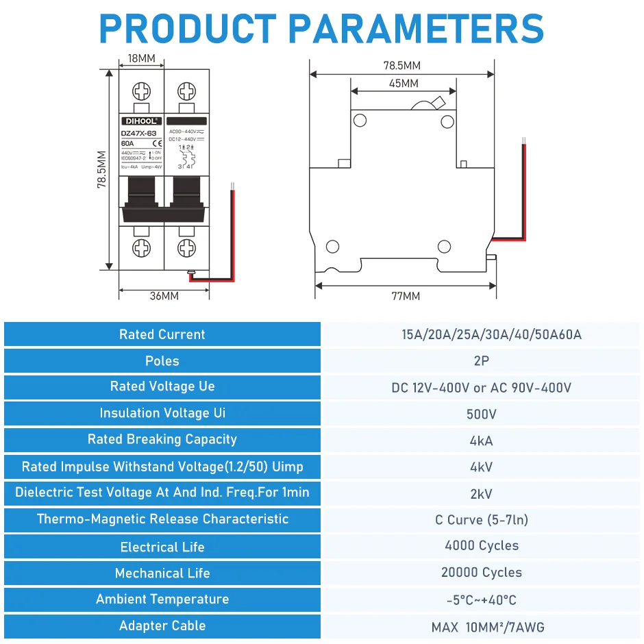 Battery  Solar Panel DC Circuit Breaker 12V 24V 48V 400V  16A 20A 32A 40A 63A With Release, Electric Trip, Also Suitable For AC