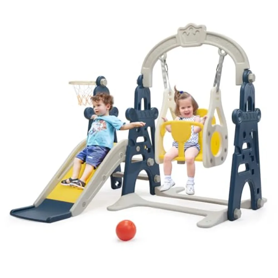 

Игровой комплекс 3-в-1 для малышей 1-3 лет: горка, качели и баскетбольное кольцо, синий, для дома и улицы, отдельно стоящий