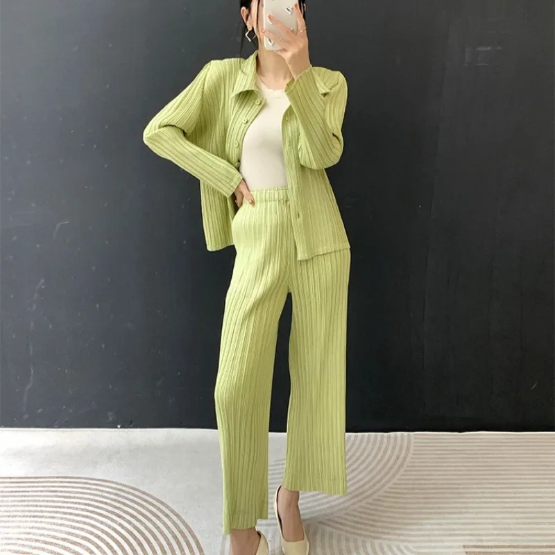 

Женские рубашки Miyake, новинка весны 2026, куртка с длинными рукавами и лацканами, свободный повседневный топ, простой пригородный прямой эластичный брючный костюм