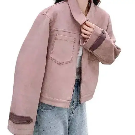 핑크 스위트 숏 재킷 여성용 봄 캐주얼 쿨 디자인 센스 올매치 아미노 섬유 청바지 코트 레귤러 스타일 중국산