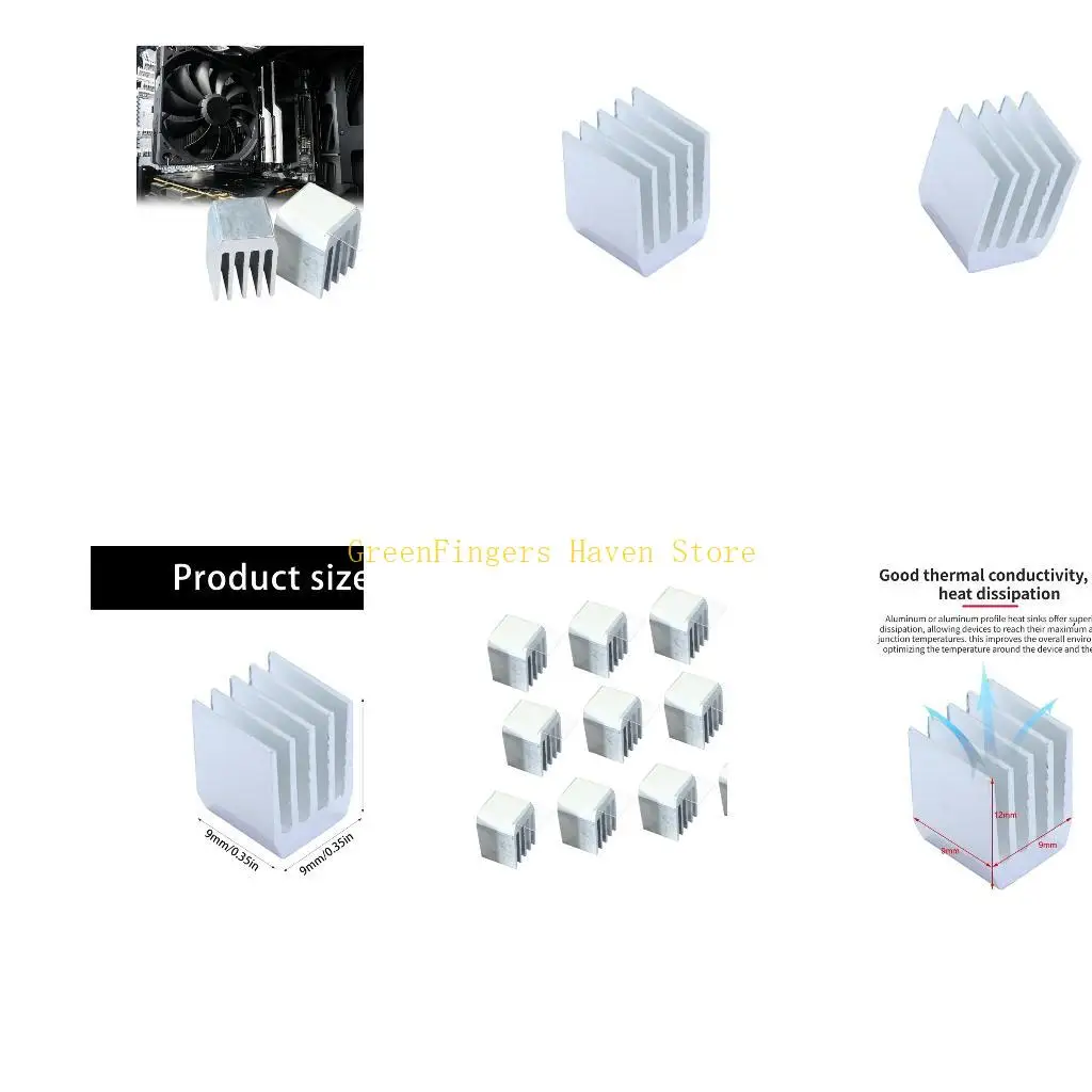 F68D Small Component Aluminum Heat Sink Set, 9 x 9 x 12 mm Passive Metal Sink, 10 Pack for Daily Electronics Repair Use
