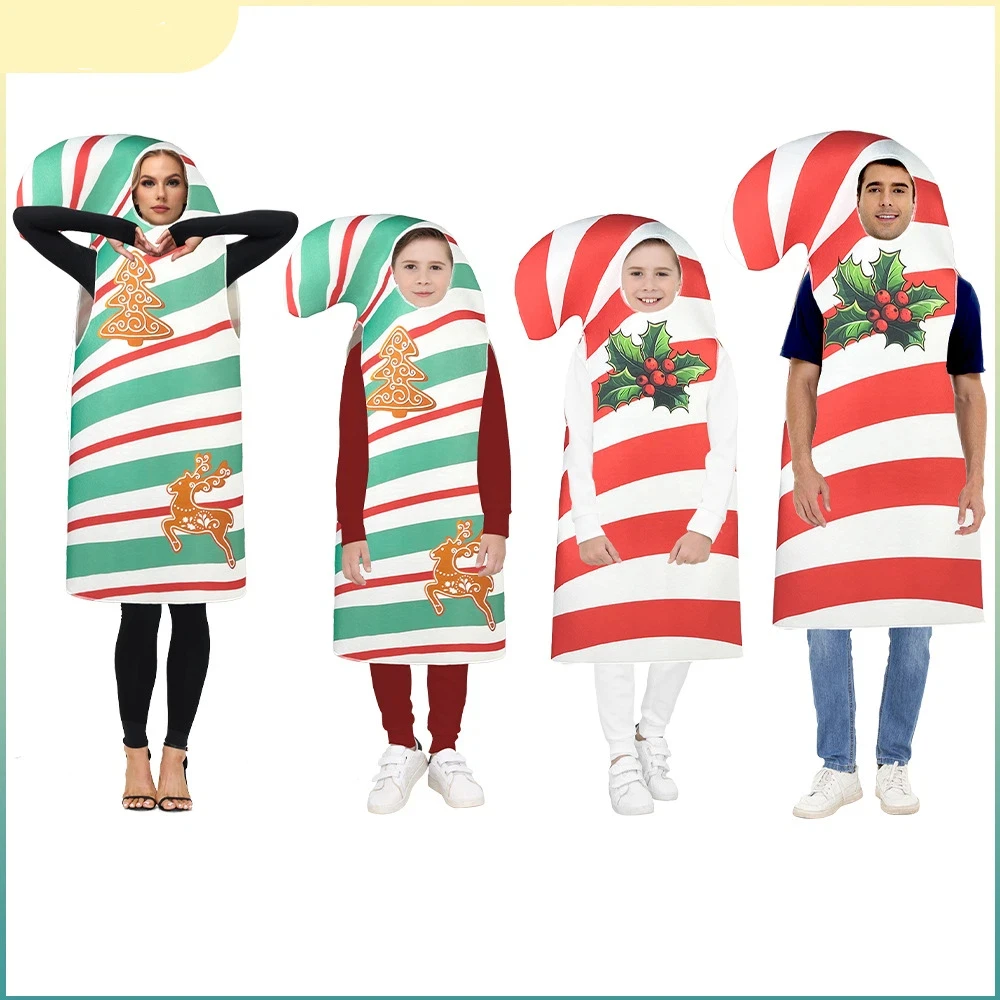 

Family Size Umbrella Handle Printed Bodysuit Christmas Red Striped Role Play Costume Christmas Party Performance Prop Costume