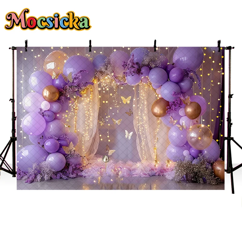 Mocsicka Photography Background Purple Arch Balloon Butterfly Glitter Girl Cake Smash Birthday Party Decor Backdrop Photo Studio