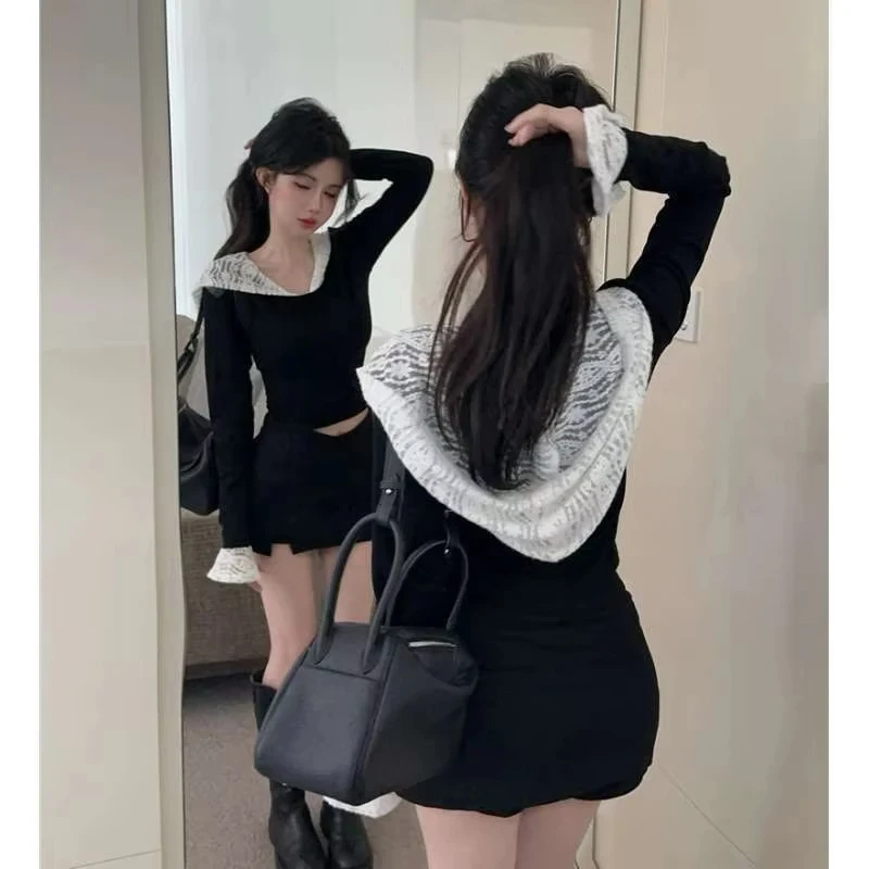Y2k Spitze Patchwork Mit Kapuze Tops Mujer Lange Ärmeln Schwarz T-shirt Für Frauen 2025, Sommer Mode Neue Slim Fit T-shirt