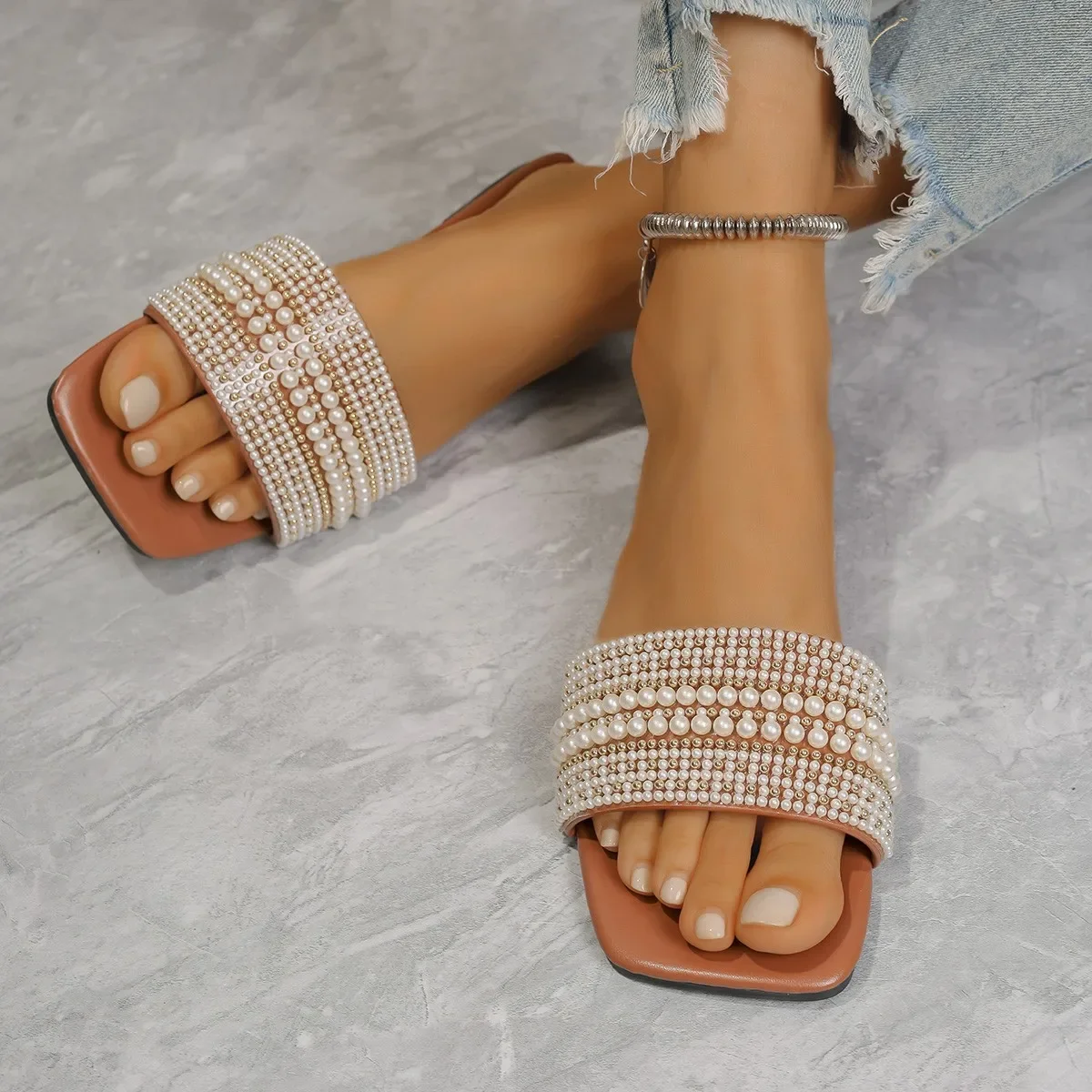 Women Luxury Pearl Slippers 2024 Summer Square Toe Flats Slides Sandals Woman Comfortable Non Slip Beach Flip Flops Big Size 43