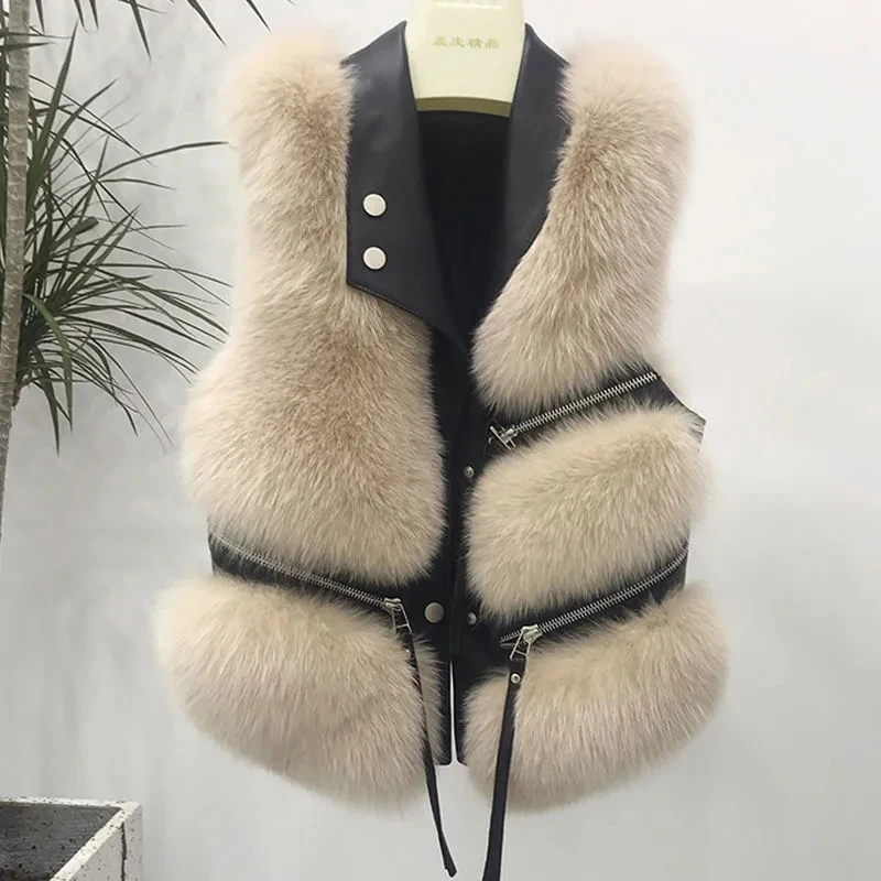 

Women's Faux Fur Vest 2023 New Chic Splice Fox Coat Ladies Sleeveless Fur Waistcoat Jacket Women Slim Faux Fox Fur Outwear Vests